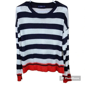 ZARA knit striped sweater with red cuffs and hem
